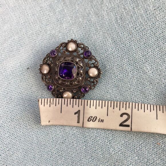 Vintage Sterling Filagree w Amythyst Pin - Picture 8 of 8